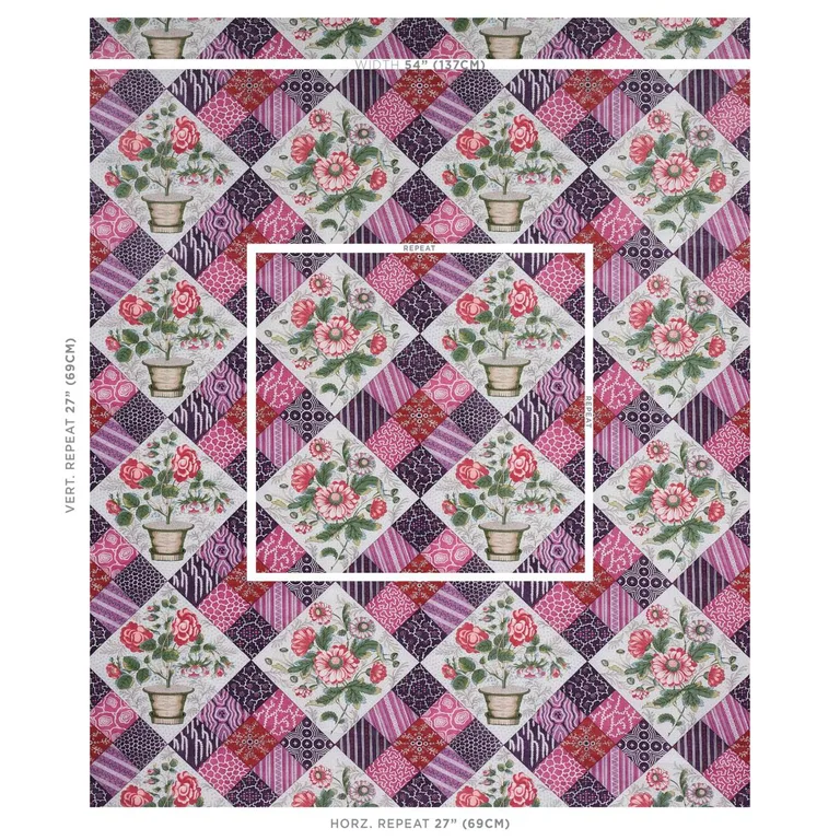 Schumacher 180121 Caldwell Patchwork Chintz Fuchsia And Plum fabric swatch