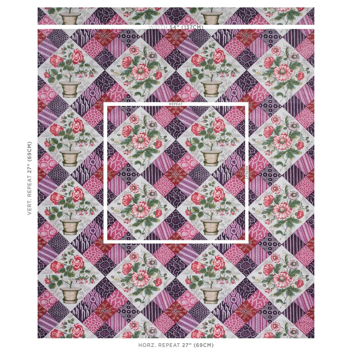 Schumacher 180121 Caldwell Patchwork Chintz Fuchsia And Plum fabric swatch