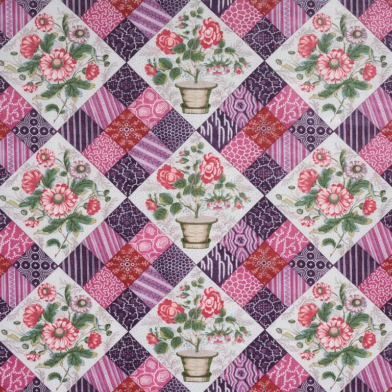 Schumacher 180121 Caldwell Patchwork Chintz Fuchsia And Plum fabric swatch