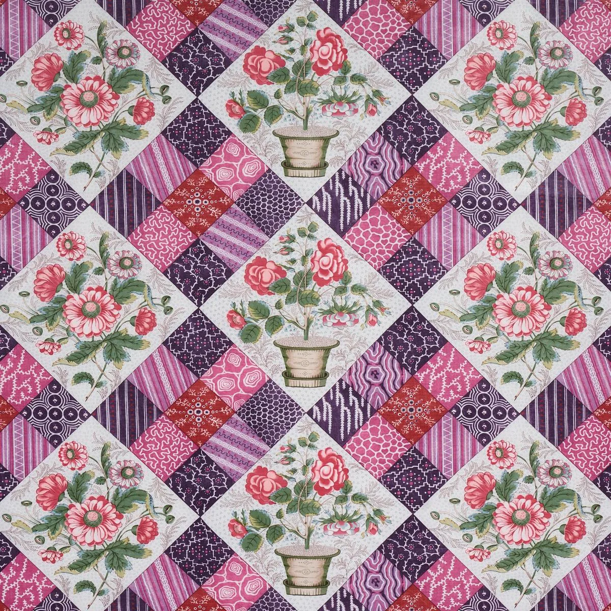 Schumacher 180121 Caldwell Patchwork Chintz Fuchsia And Plum fabric swatch