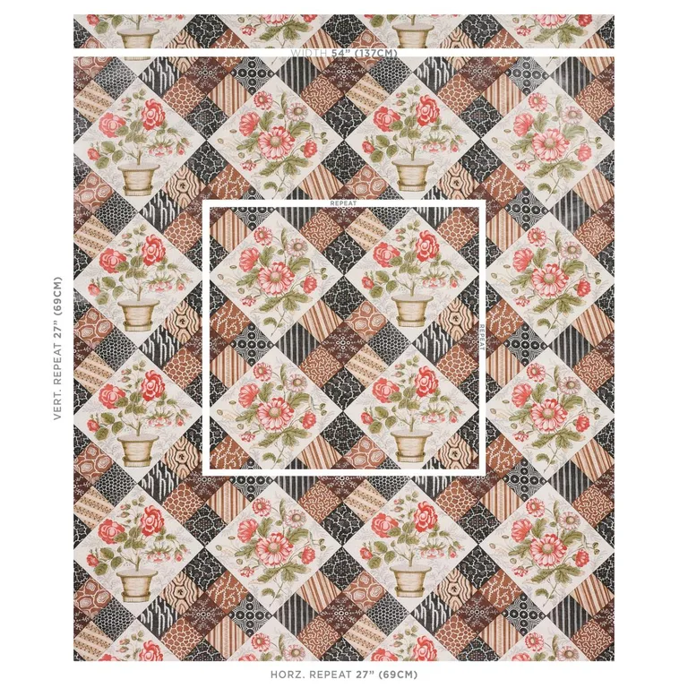 Schumacher 180122 Caldwell Patchwork Chintz Rose And Chocolate fabric swatch
