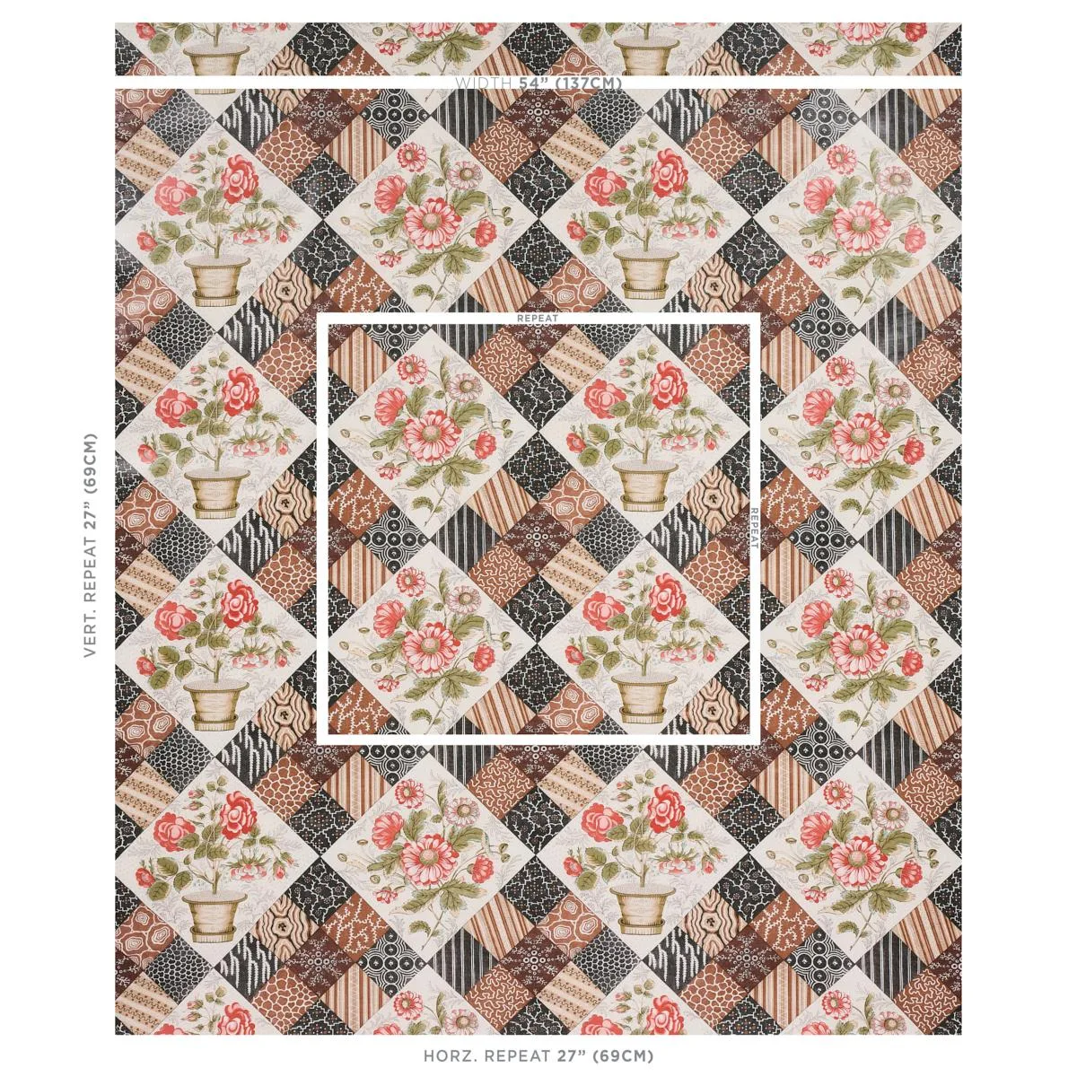 Schumacher 180122 Caldwell Patchwork Chintz Rose And Chocolate fabric swatch