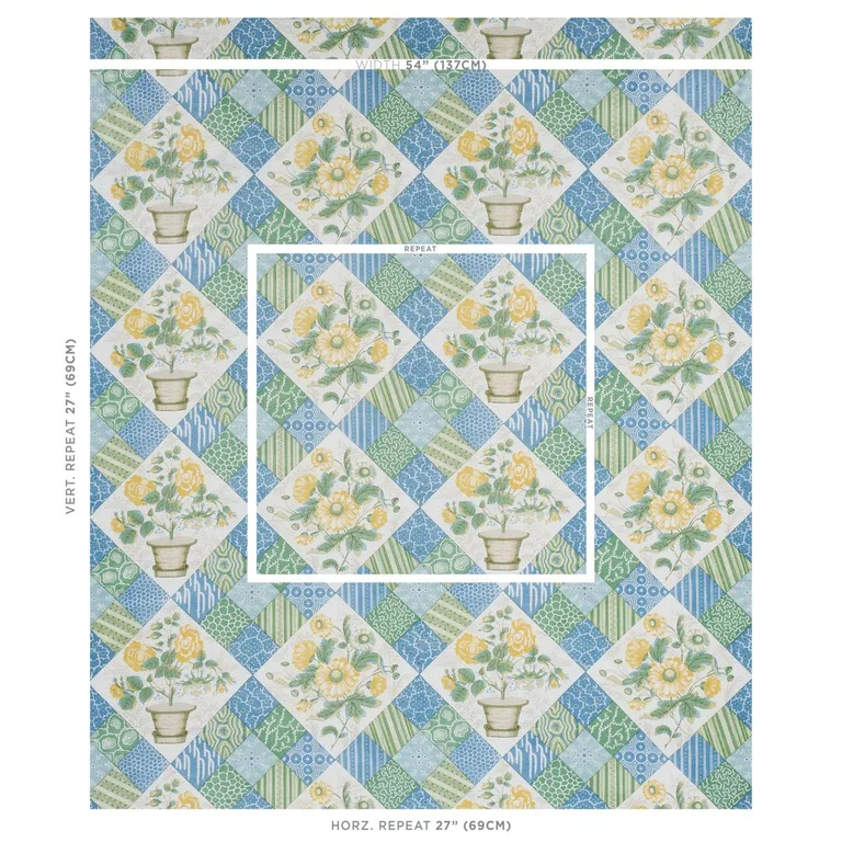 Schumacher 180120 Caldwell Patchwork Chintz Yellow And Cornflower fabric swatch