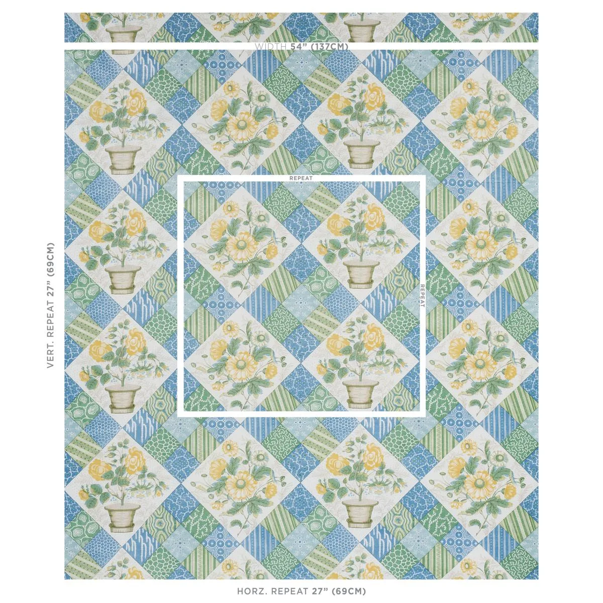 Schumacher 180120 Caldwell Patchwork Chintz Yellow And Cornflower fabric swatch