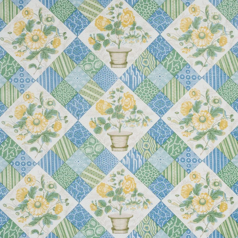 Schumacher 180120 Caldwell Patchwork Chintz Yellow And Cornflower fabric swatch