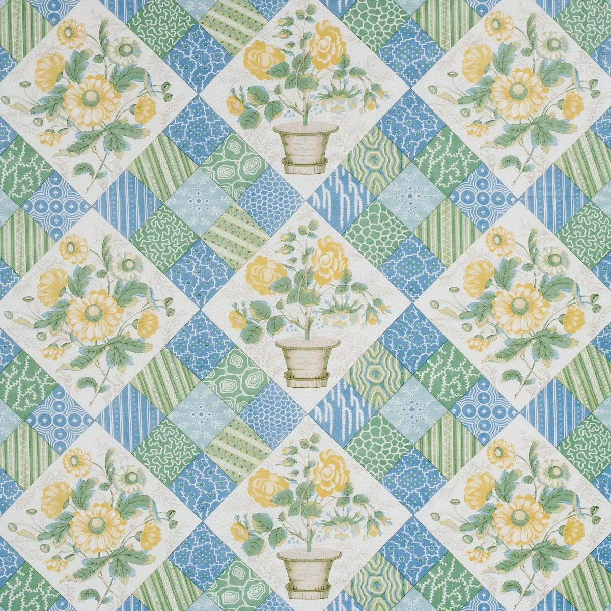 Schumacher 180120 Caldwell Patchwork Chintz Yellow And Cornflower fabric swatch