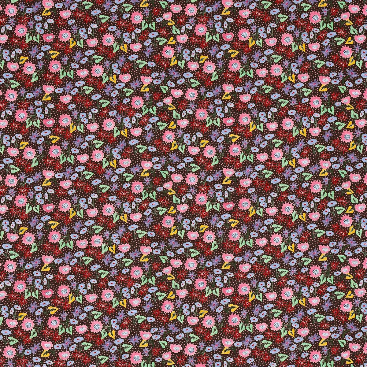 Schumacher 180171 Calico Multi On Brown fabric swatch