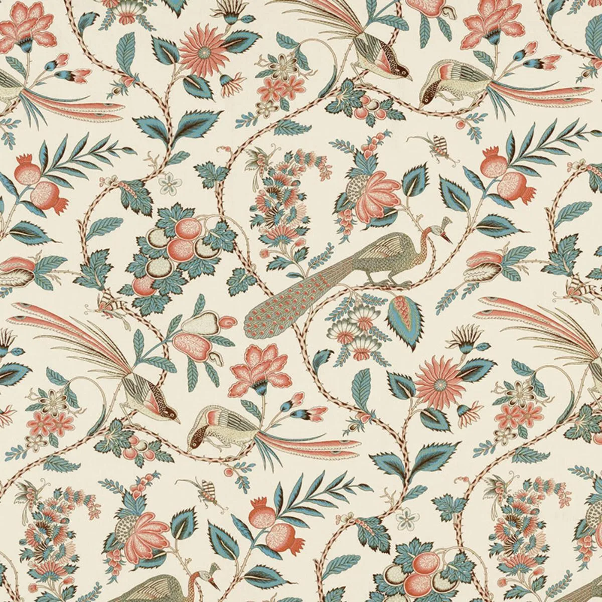 Schumacher 175950 Campagne Peacock & Rouge fabric swatch