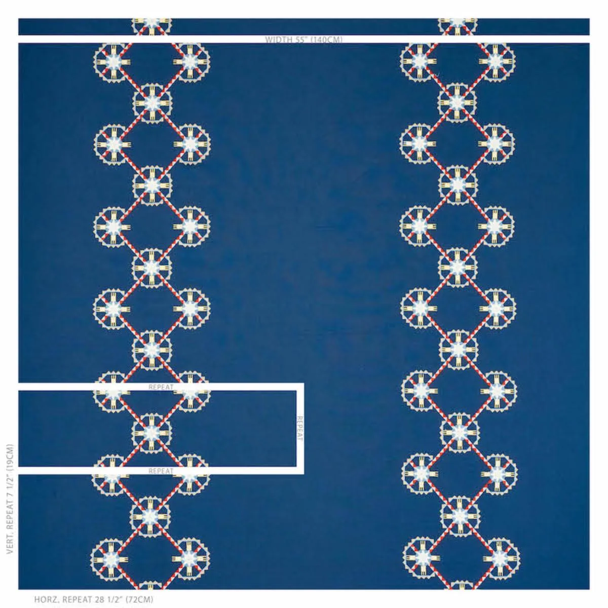 Schumacher 77601 Chamizal Embroidery Blue & Red fabric swatch