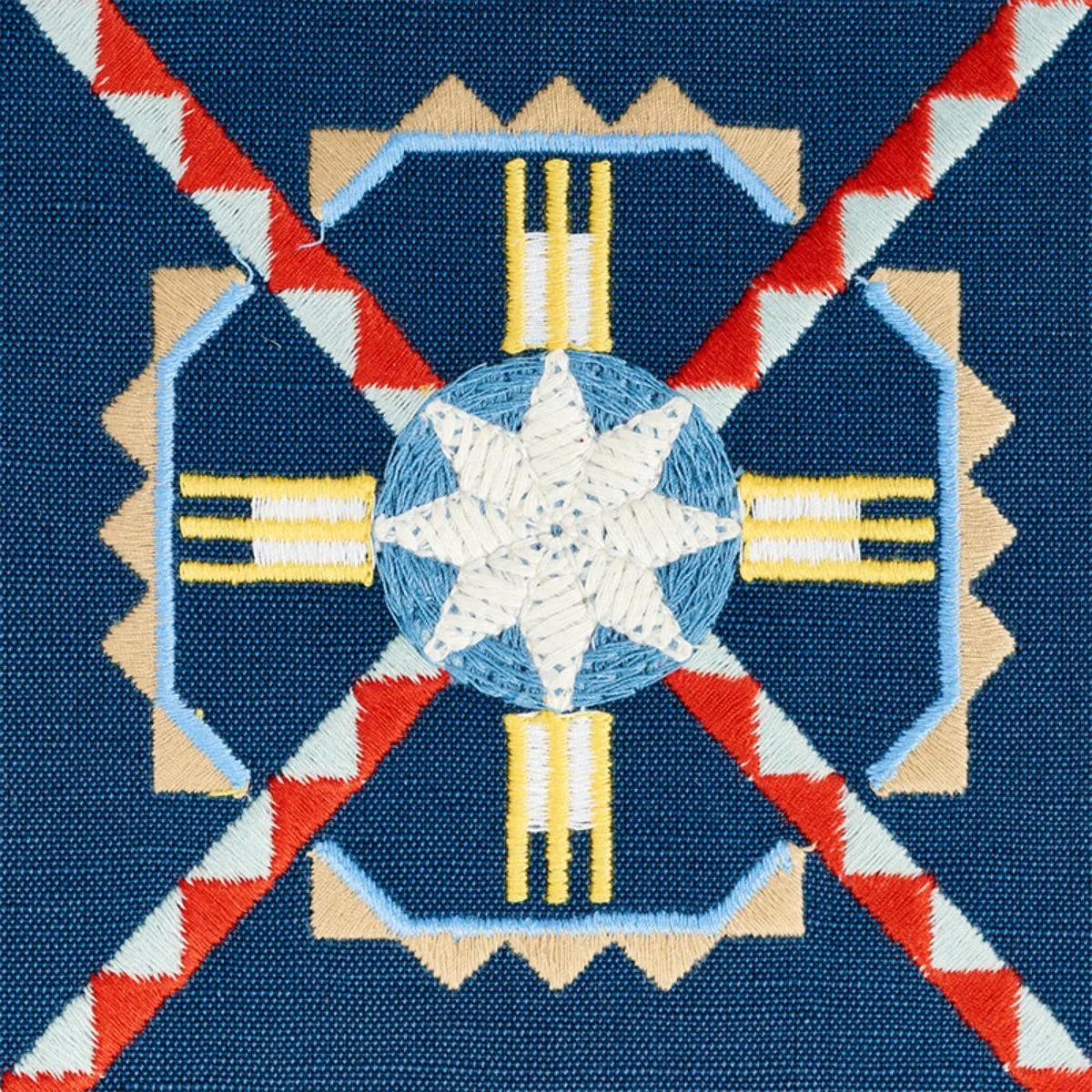 Schumacher 77601 Chamizal Embroidery Blue & Red fabric swatch