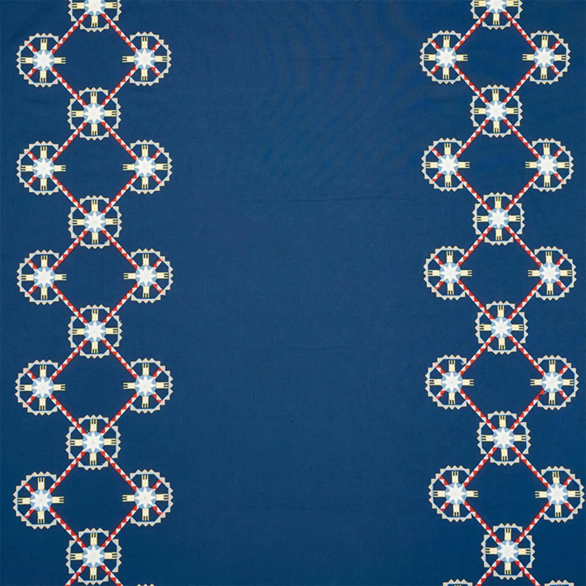 Schumacher 77601 Chamizal Embroidery Blue & Red fabric swatch