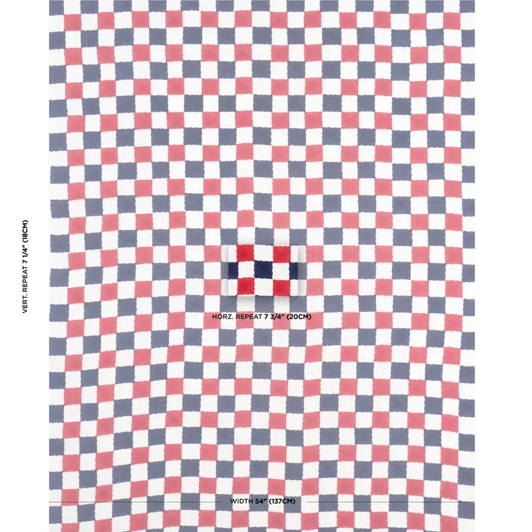 Schumacher 181792 Chequer Hand Block Print Red/Navy fabric swatch