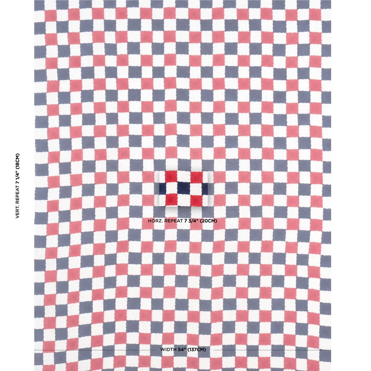 Schumacher 181792 Chequer Hand Block Print Red/Navy fabric swatch
