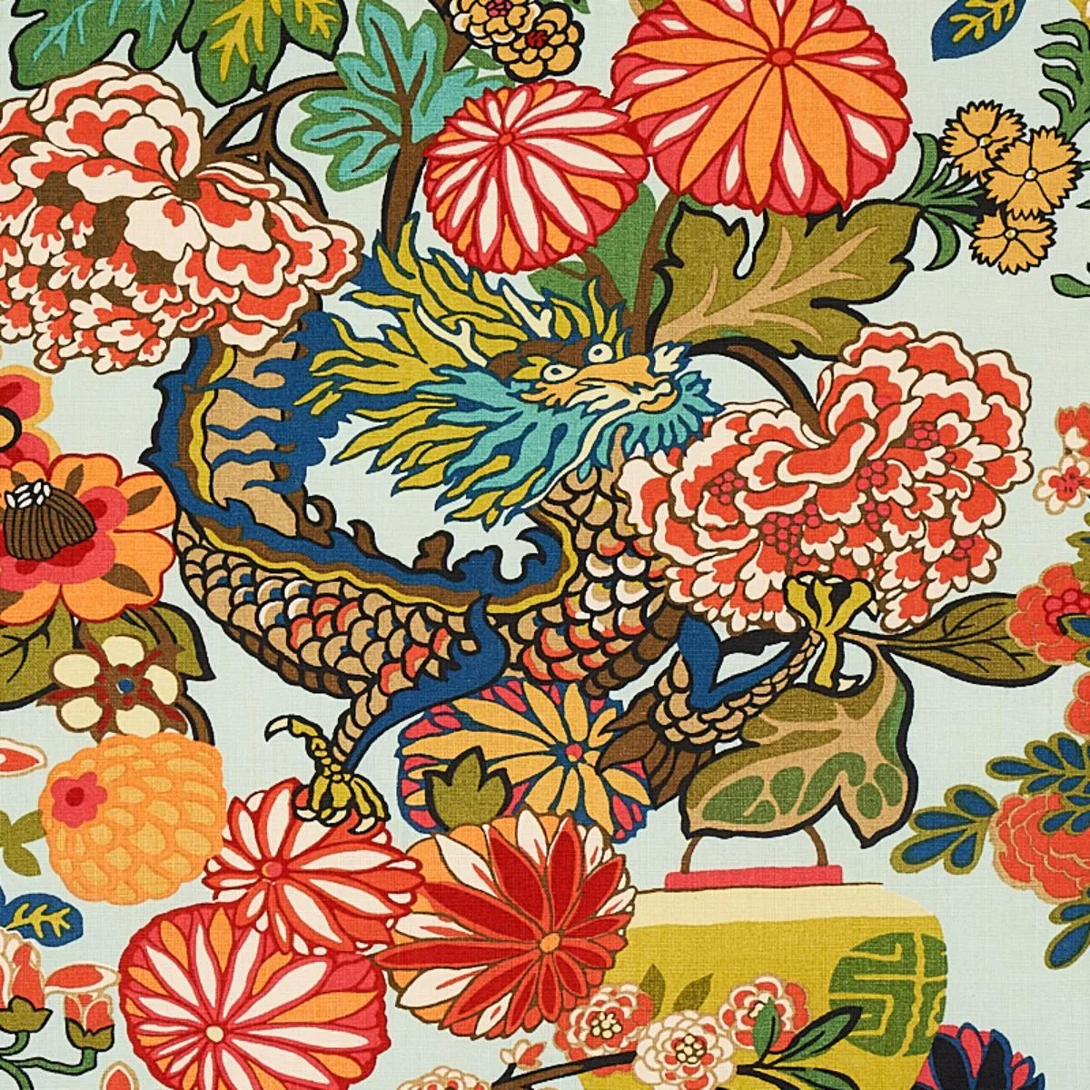 Schumacher 173270 Chiang Mai Dragon Aquamarine fabric swatch
