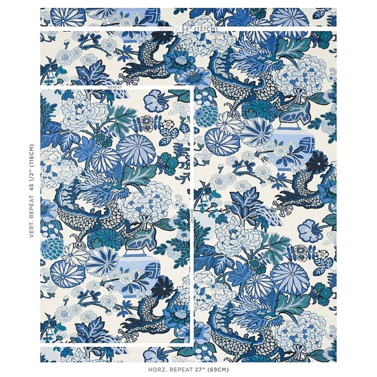 Schumacher 173272 Chiang Mai Dragon China Blue fabric swatch