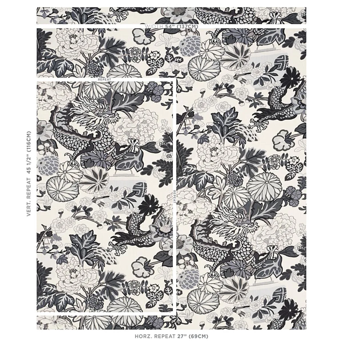 Schumacher 173276 Chiang Mai Dragon Smoke fabric swatch
