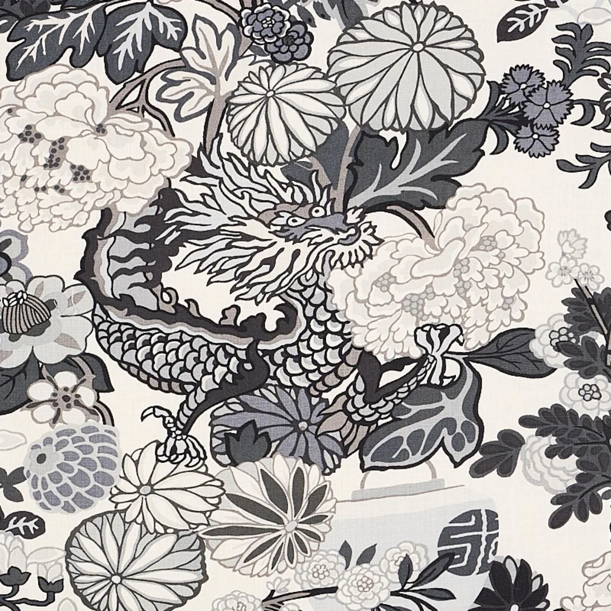 Schumacher 173276 Chiang Mai Dragon Smoke fabric swatch