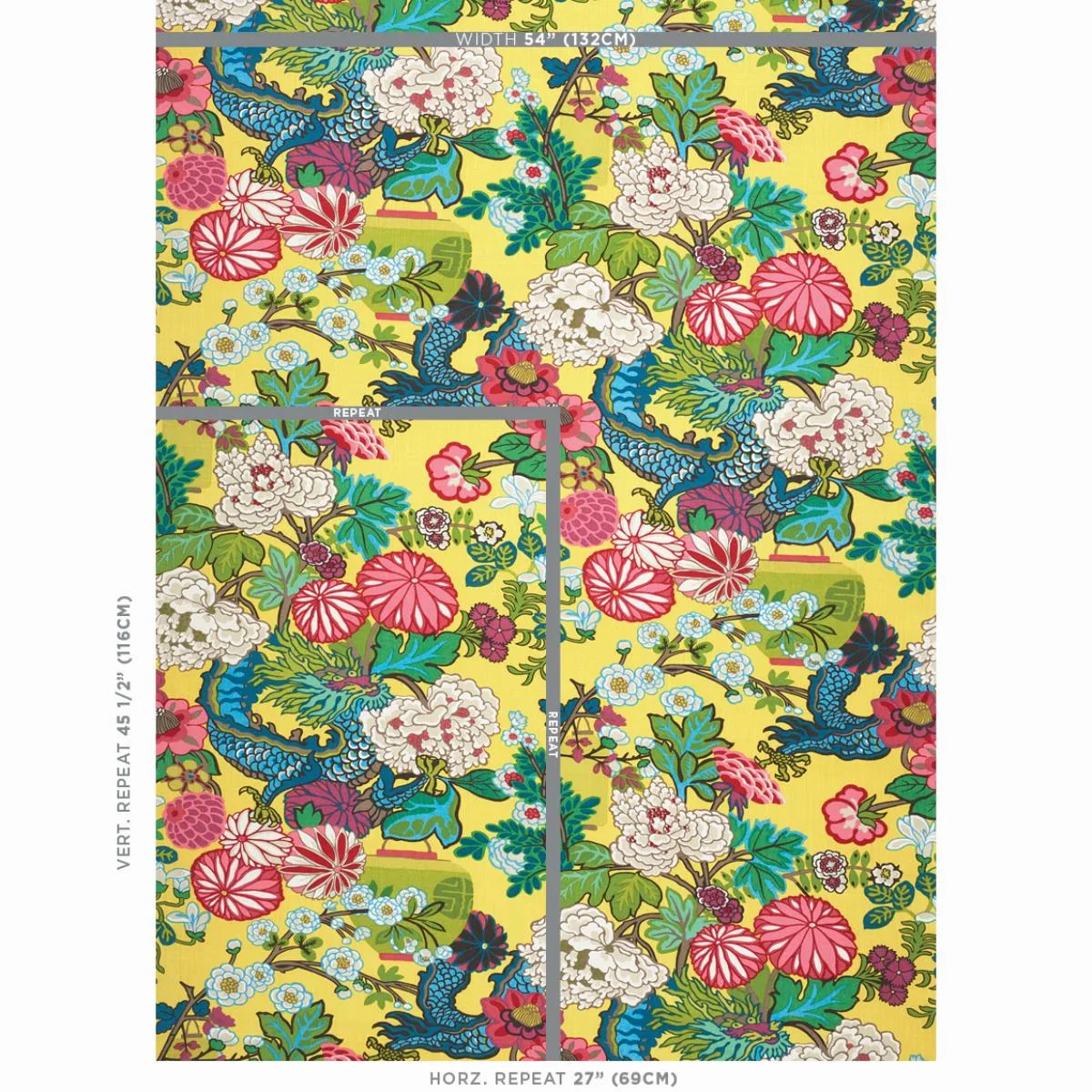 Schumacher 173281 Chiang Mai Dragon Yellow fabric swatch