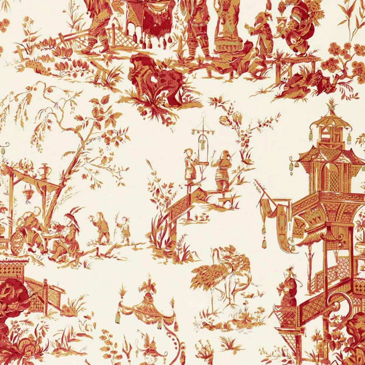 Schumacher 168276 Chinois Creme & Red fabric swatch