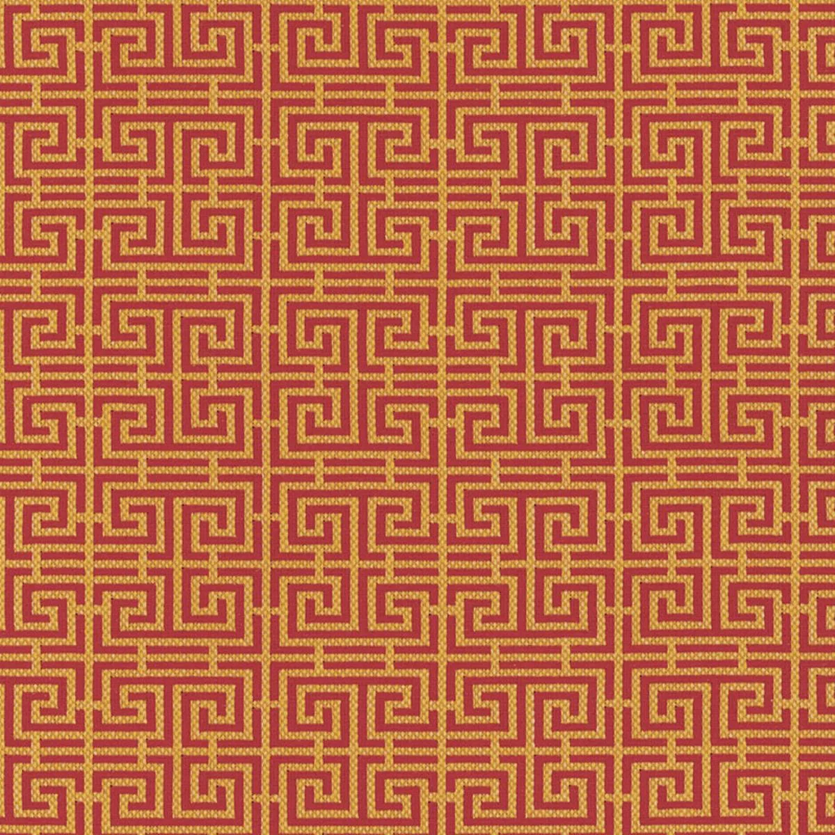 Schumacher 54952 Chinois Fret Cinnabar / Gold fabric swatch