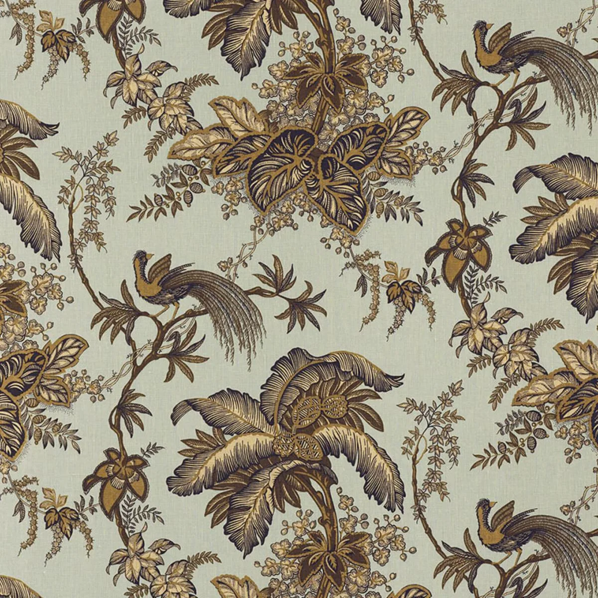 Schumacher 171114 Coconut Grove Aqua & Tan fabric swatch