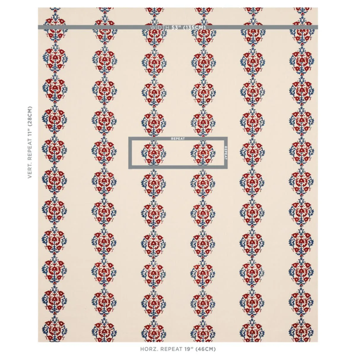 Schumacher 80711 Constantine Red & Blue fabric swatch