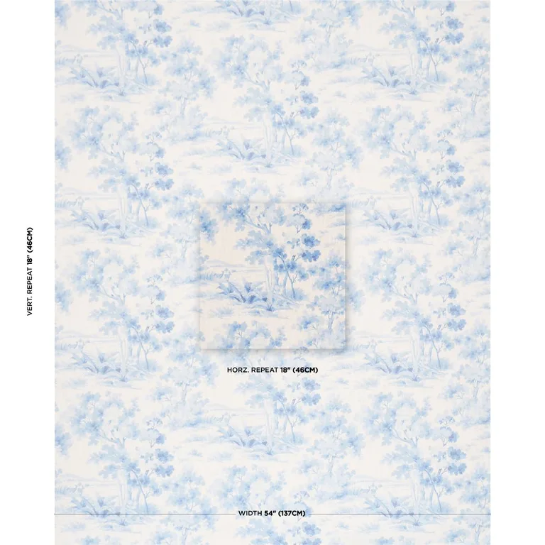 Schumacher 182962 Countryside Morning Blue And White fabric swatch