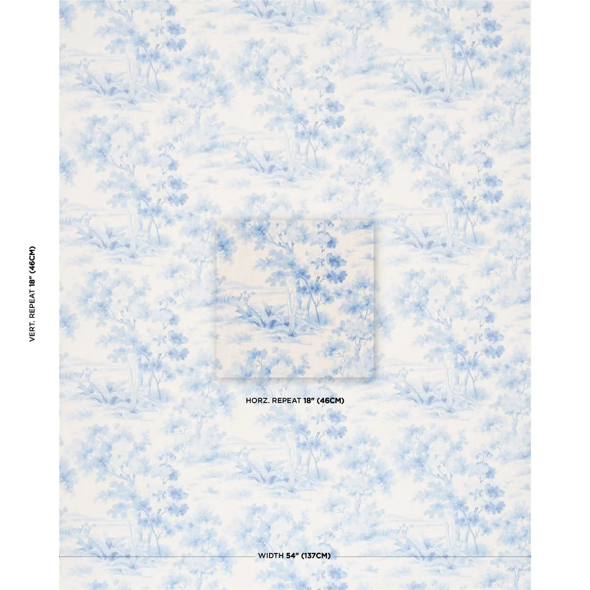 Schumacher 182962 Countryside Morning Blue And White fabric swatch