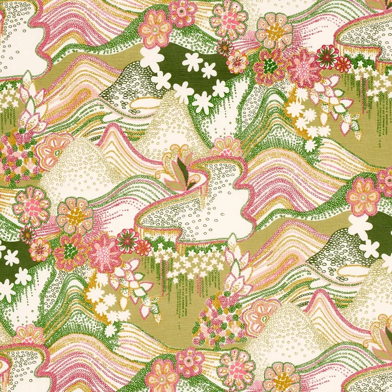 Schumacher 180131 Daisy Chain Green And Pink fabric swatch