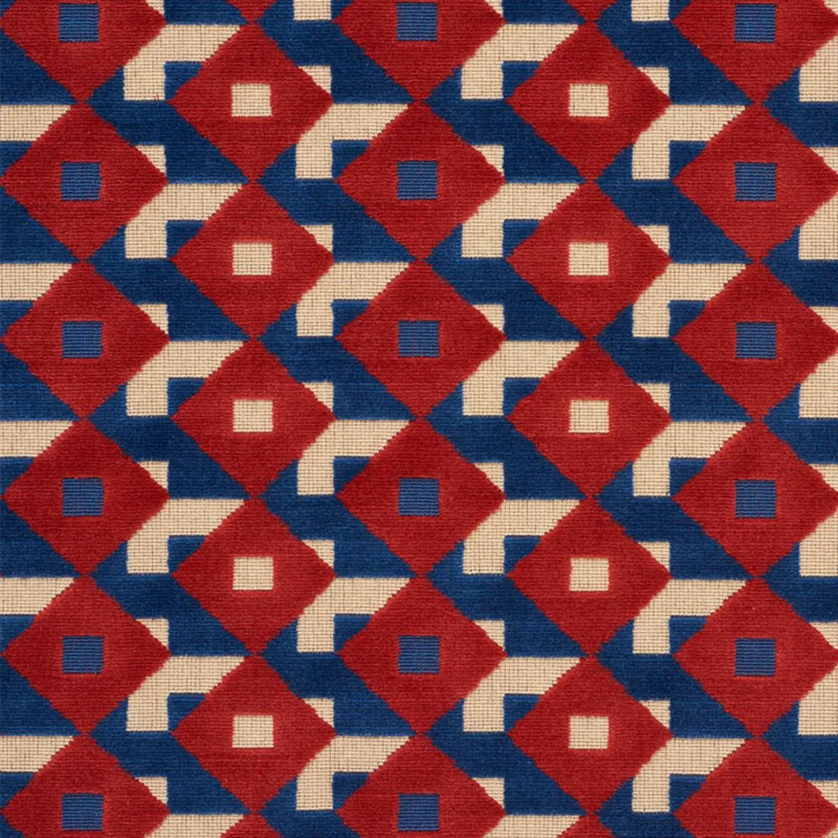Schumacher 77241 Dazzle Ship Velvet Blue & Red fabric swatch