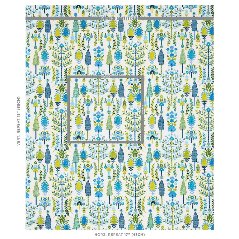 Schumacher 79821 Desna Embroidery Blue & Green fabric swatch