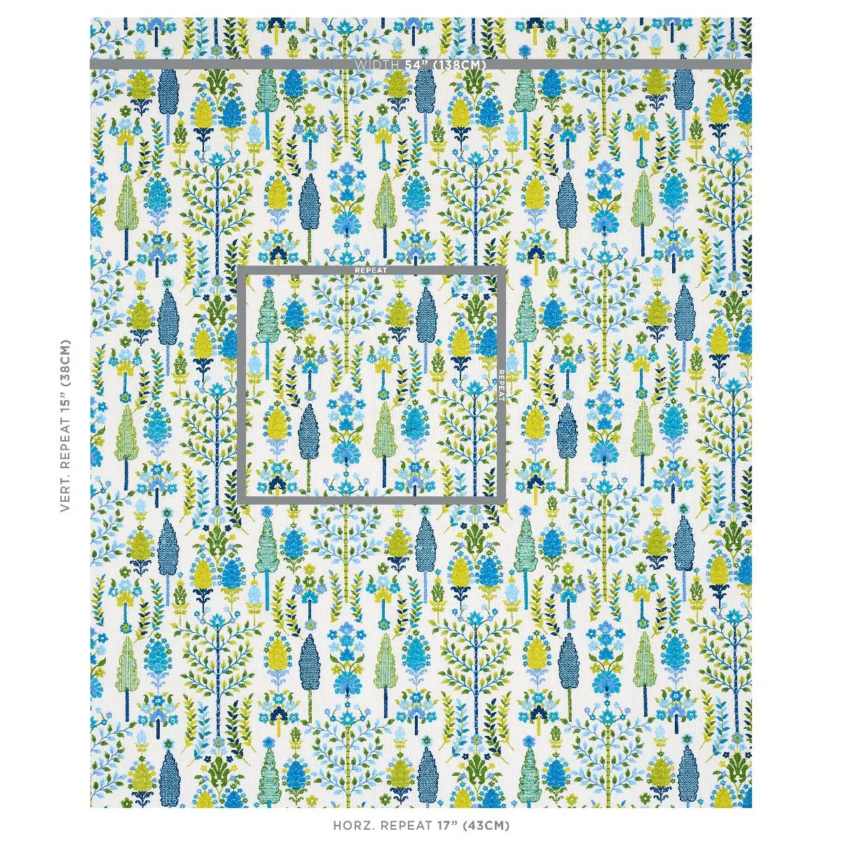 Schumacher 79821 Desna Embroidery Blue & Green fabric swatch
