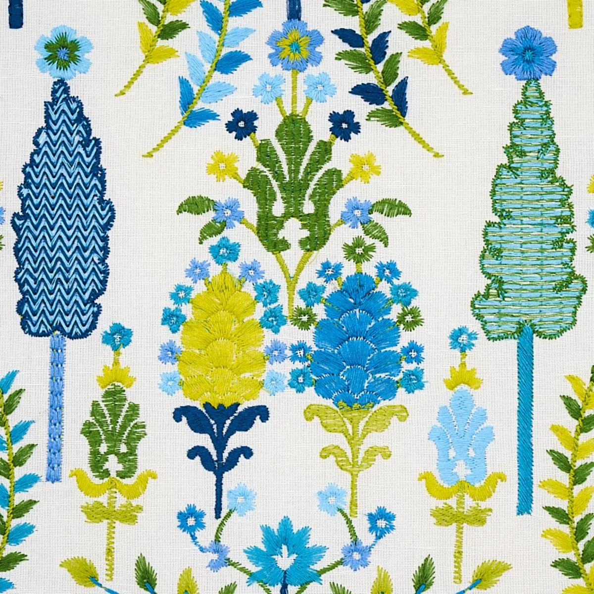 Schumacher 79821 Desna Embroidery Blue & Green fabric swatch