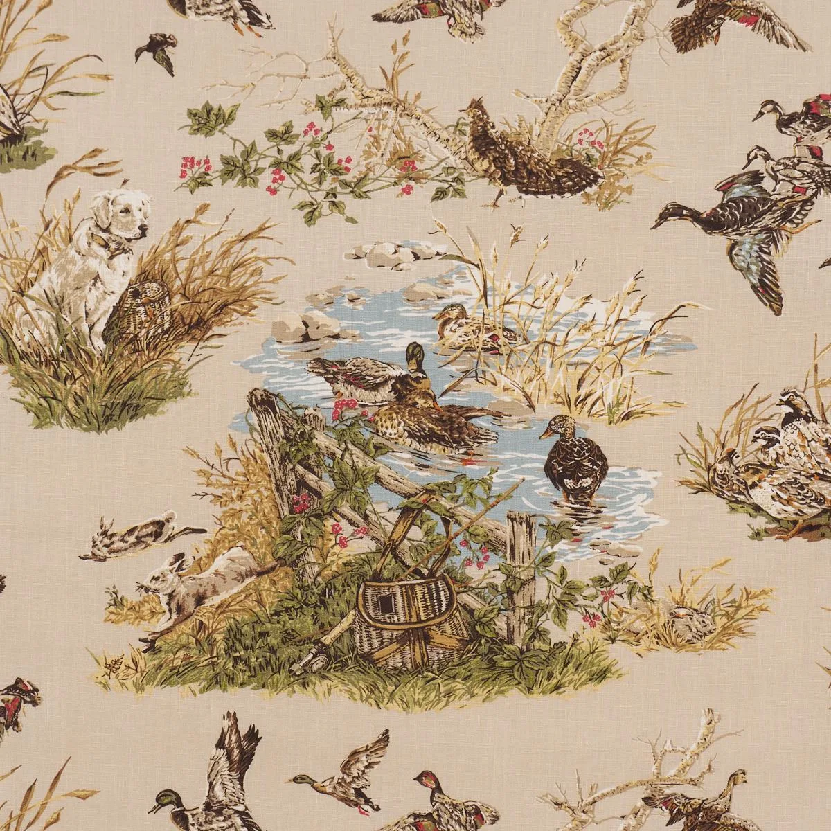 Schumacher 182660 Dog & Duck Alabaster fabric swatch