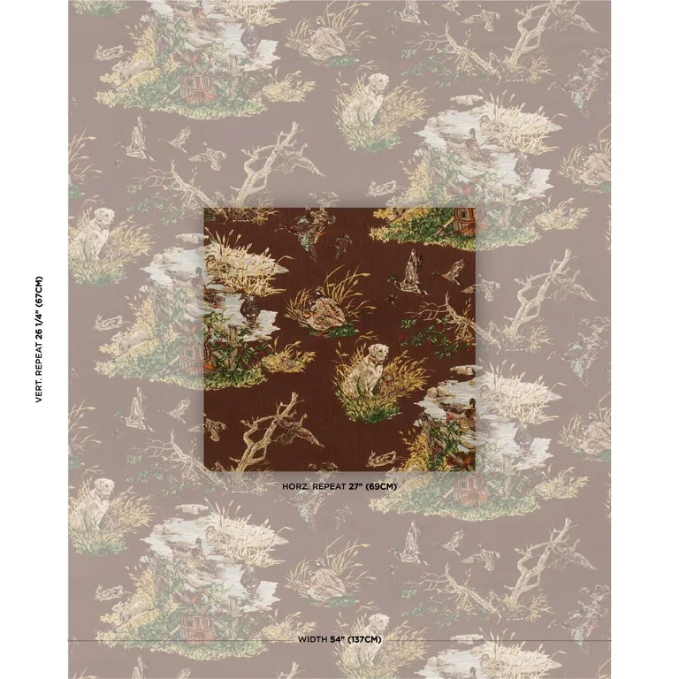 Schumacher 182661 Dog & Duck Brown fabric swatch