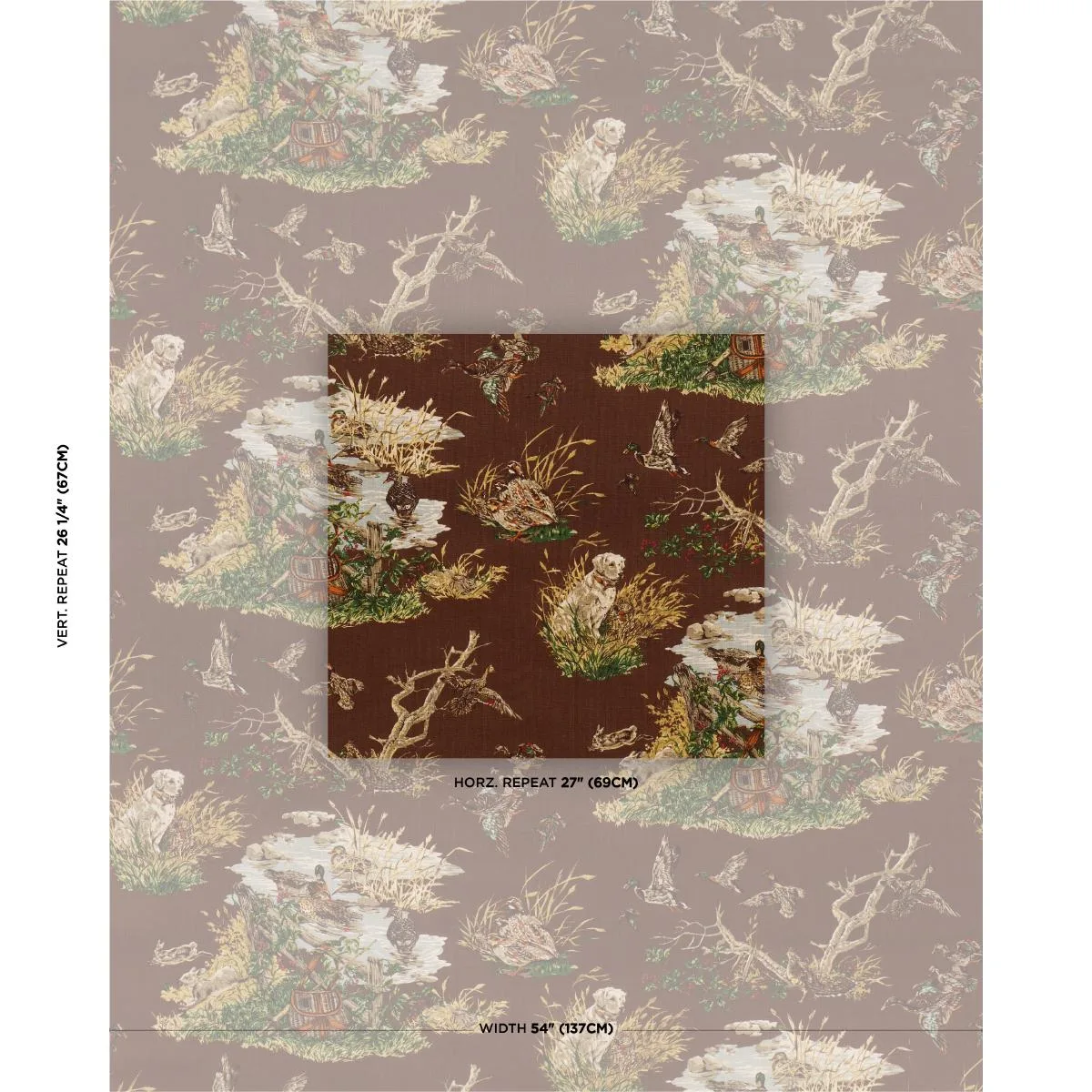 Schumacher 182661 Dog & Duck Brown fabric swatch