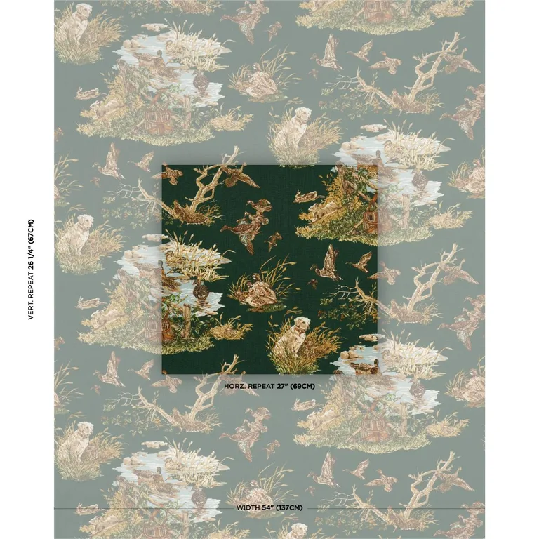 Schumacher 182662 Dog & Duck Verdant fabric swatch