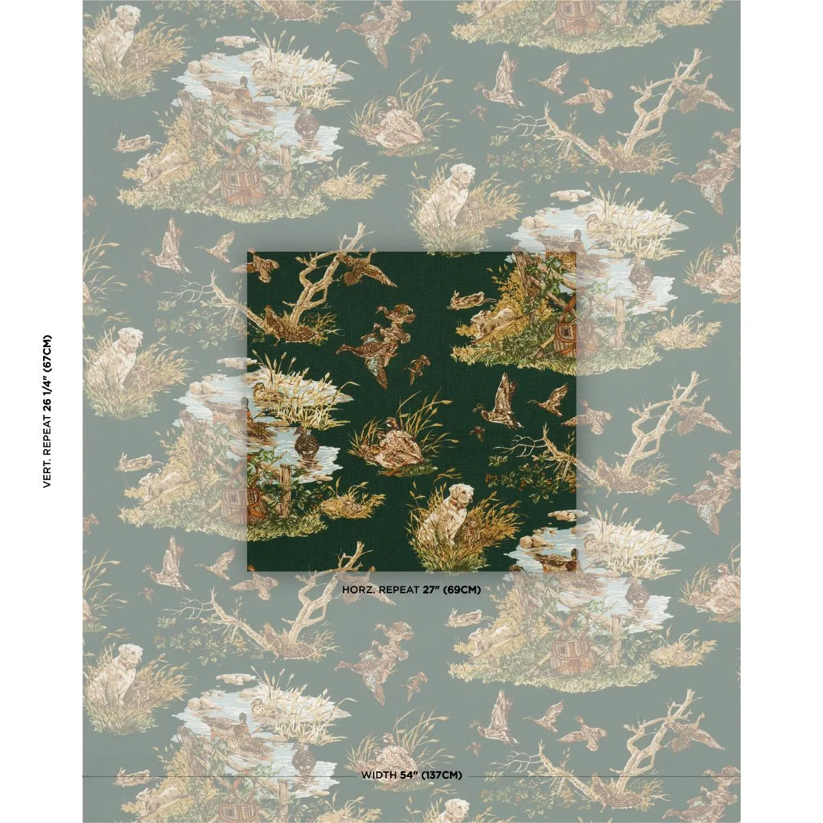 Schumacher 182662 Dog & Duck Verdant fabric swatch
