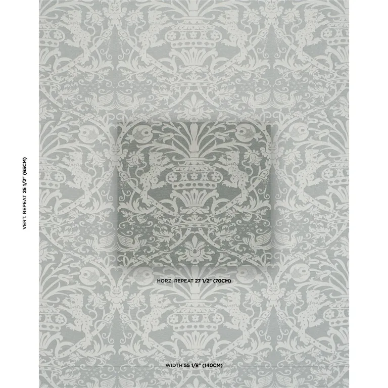 Schumacher 86592 Dougal Damask Mist fabric swatch