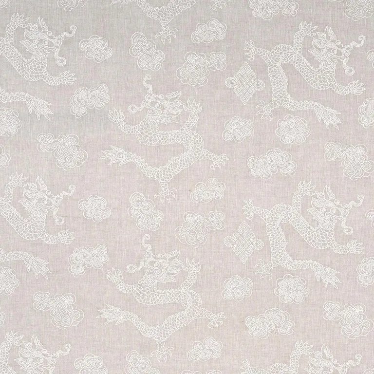 Schumacher 81551 Dragon Embroidery Ivory On Natural fabric swatch