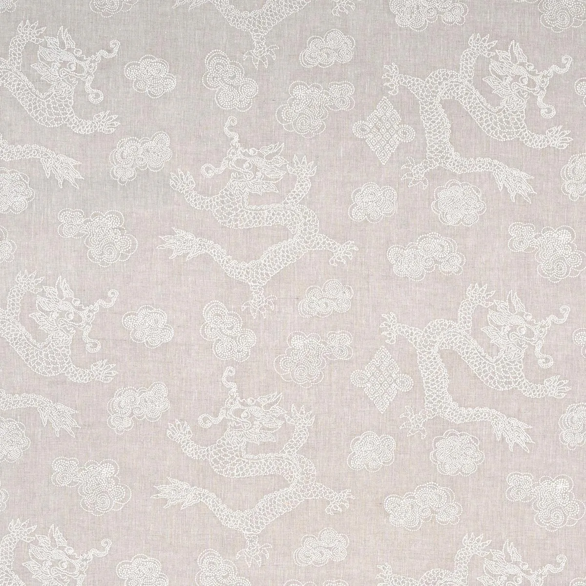 Schumacher 81551 Dragon Embroidery Ivory On Natural fabric swatch