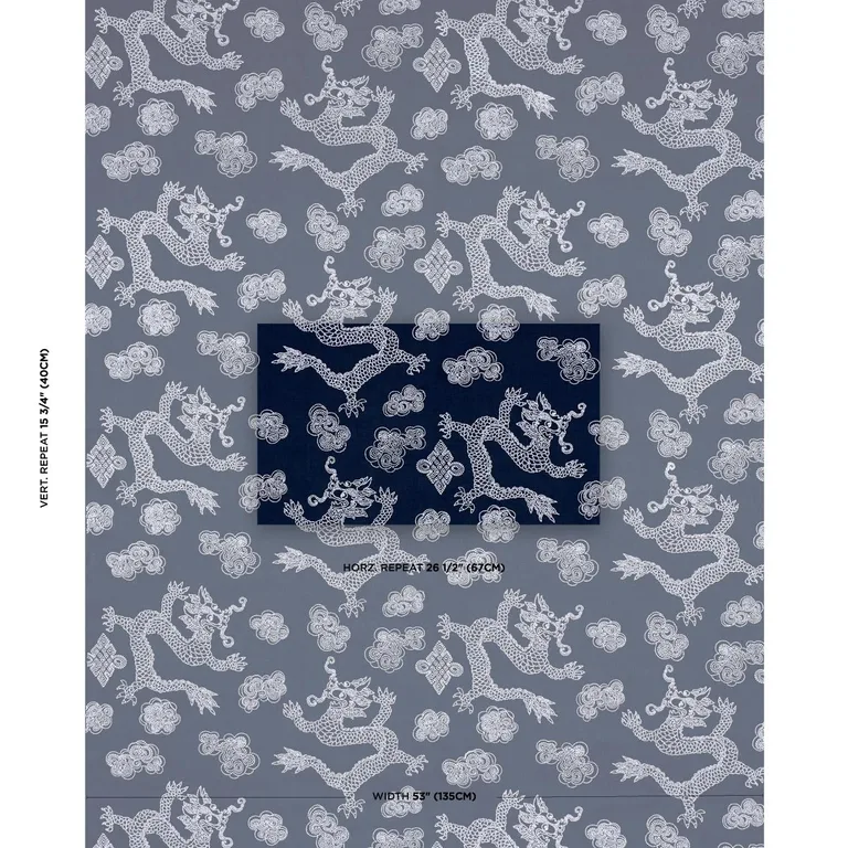 Schumacher 81550 Dragon Embroidery Navy fabric swatch