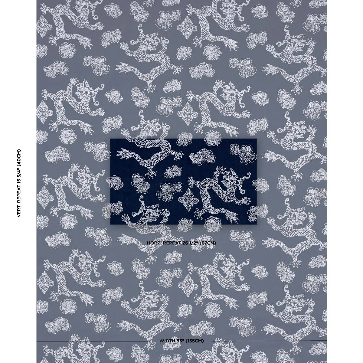 Schumacher 81550 Dragon Embroidery Navy fabric swatch