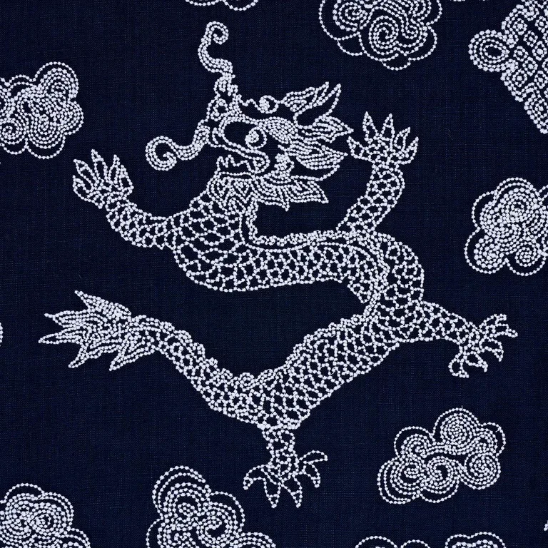 Schumacher 81550 Dragon Embroidery Navy fabric swatch