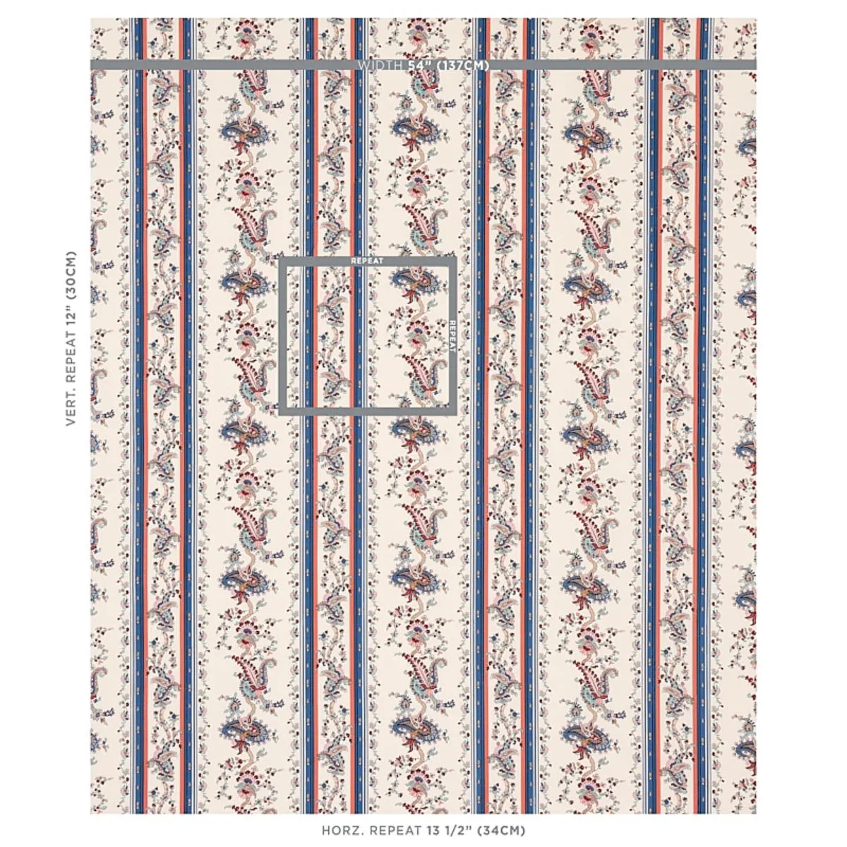 Schumacher 179980 Elena Paisley Stripe Blue fabric swatch
