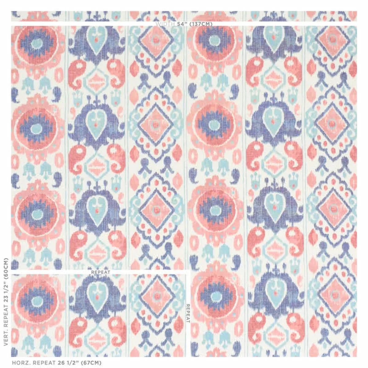 Schumacher 179052 Elizia Ikat Rose & Indigo fabric swatch
