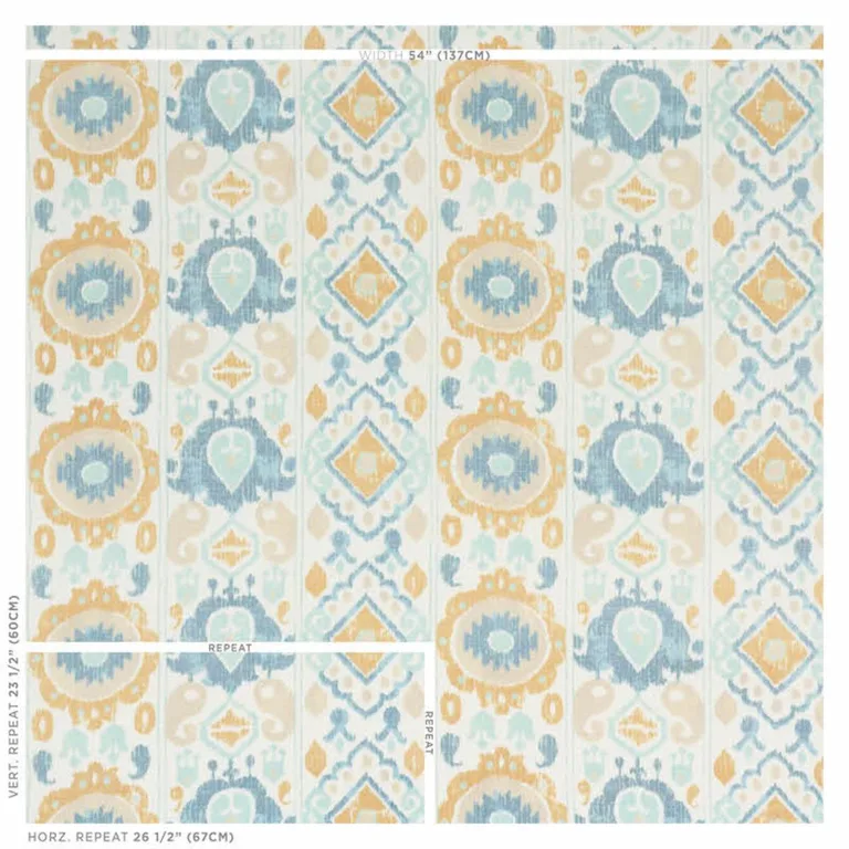 Schumacher 179050 Elizia Ikat Sky & Ochre fabric swatch