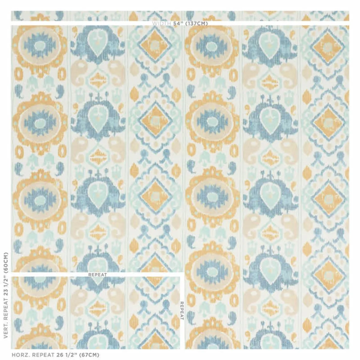 Schumacher 179050 Elizia Ikat Sky & Ochre fabric swatch