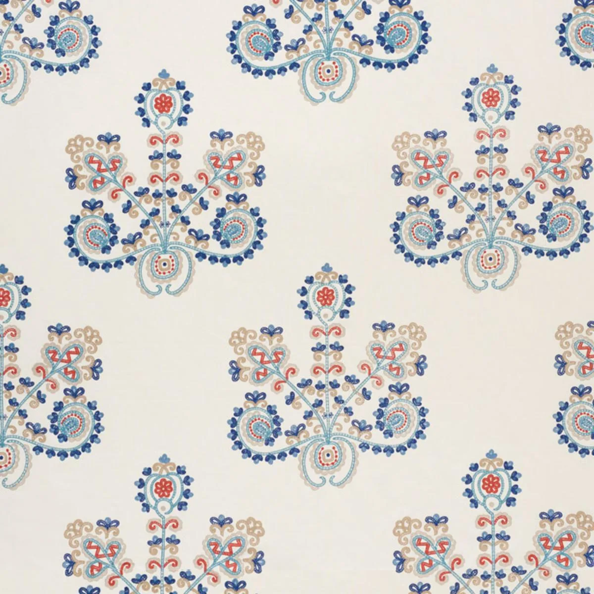 Schumacher 74450 Estrella Embroidery Indigo Spice fabric swatch