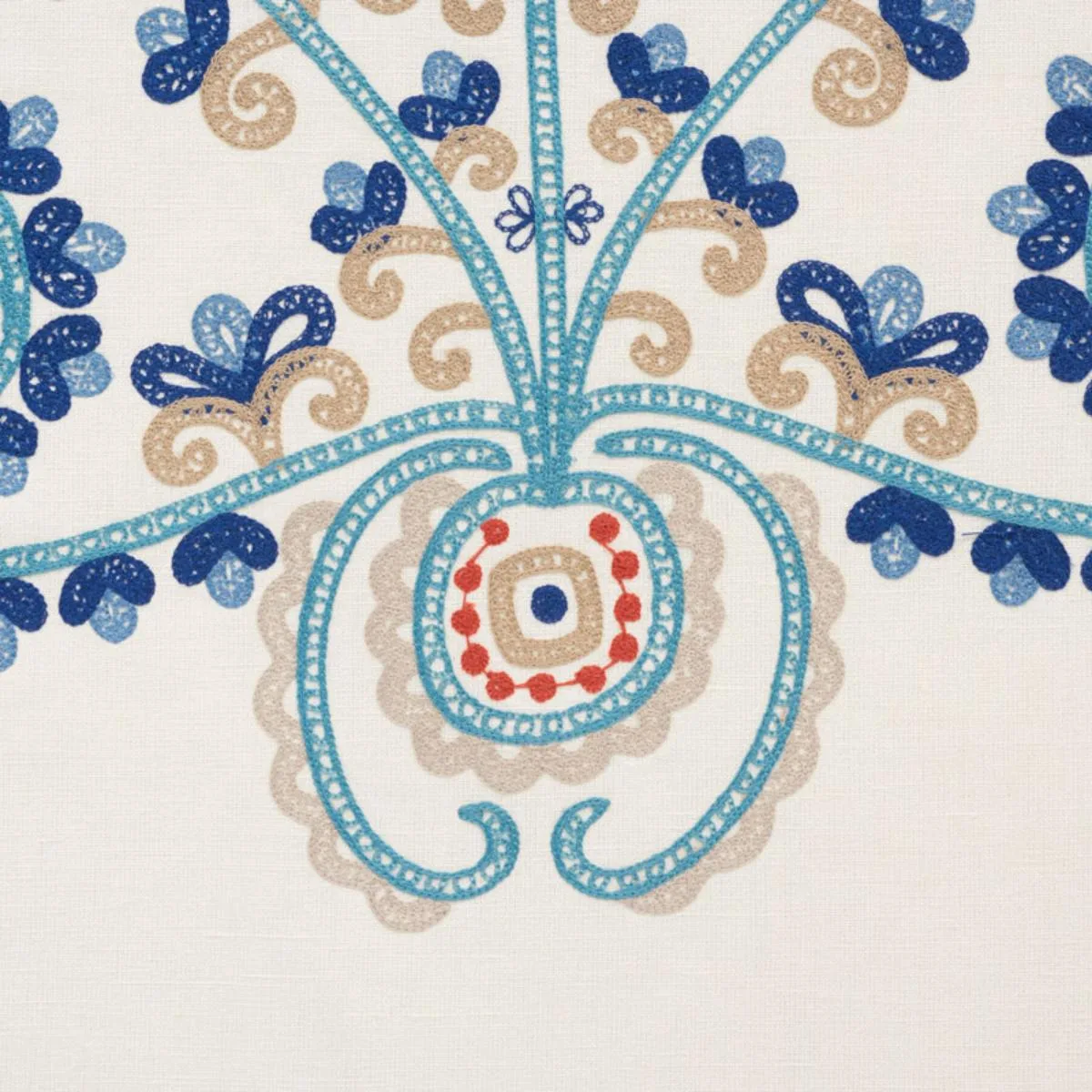 Schumacher 74450 Estrella Embroidery Indigo Spice fabric swatch